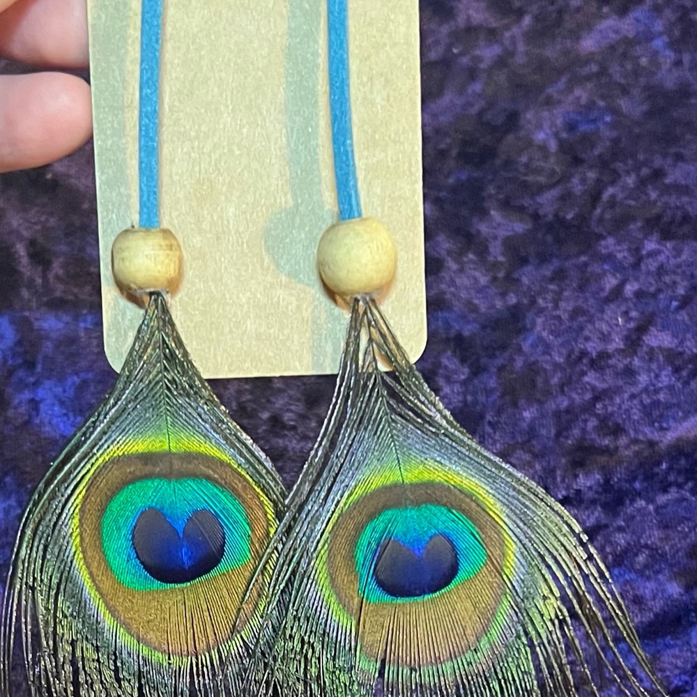 Peacock Feather Earrings with Blue Cord